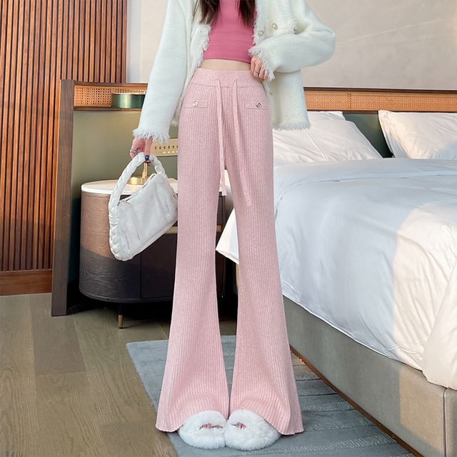 Magimomo-High Rise Plain Ribbed Knit Flared Pants