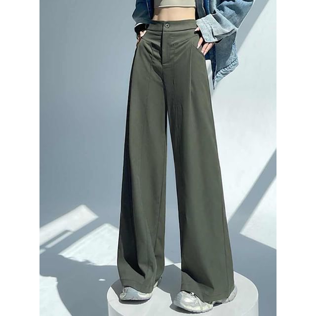 Magimomo-High Rise Plain Wide Leg Pants