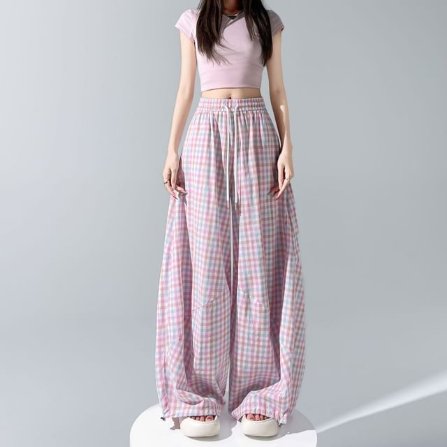 Magimomo-High Waist Gingham Wide Leg Pants