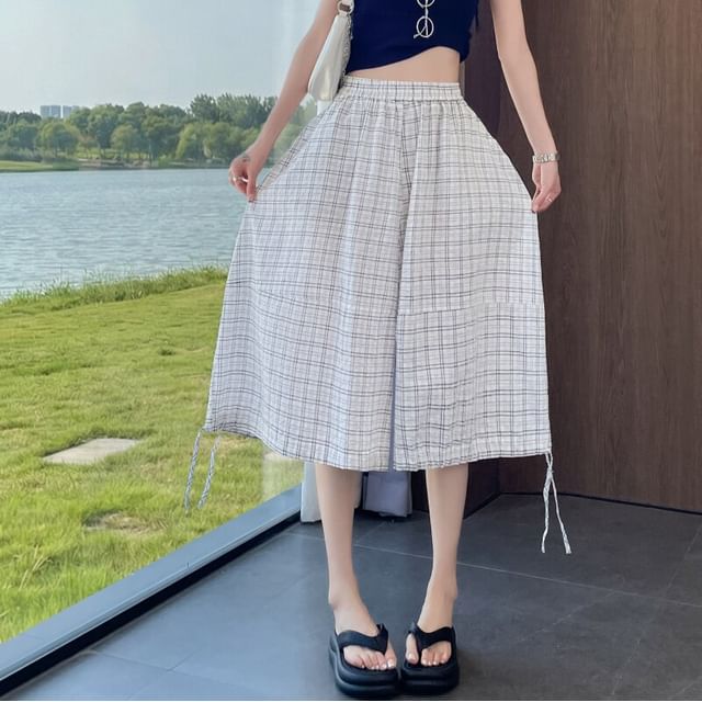 Magimomo-High Waist Plaid Crop Harem Pants