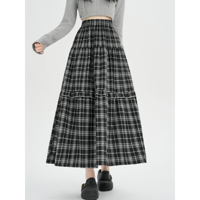 Magimomo-High Waist Plaid Ruffle Maxi A-Line Skirt