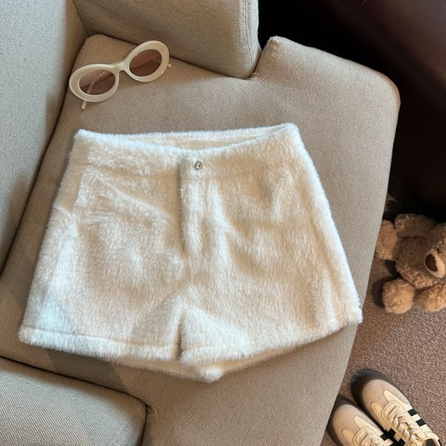 Magimomo-High Waist Plain Fluffy Hot Pants