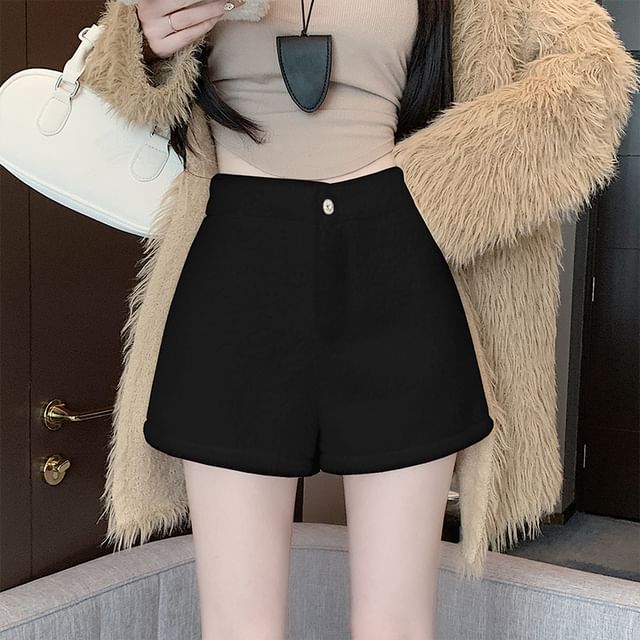Magimomo-High Waist Plain Fluffy Shorts