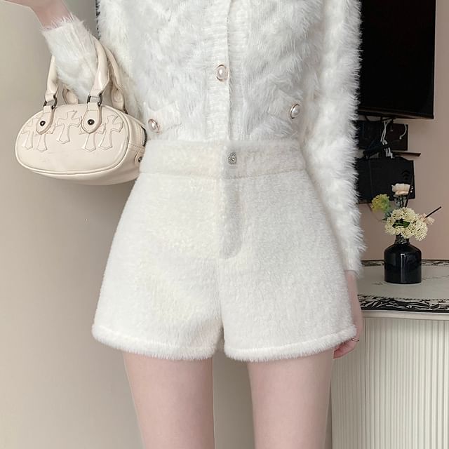 Magimomo-High Waist Plain Fluffy Shorts