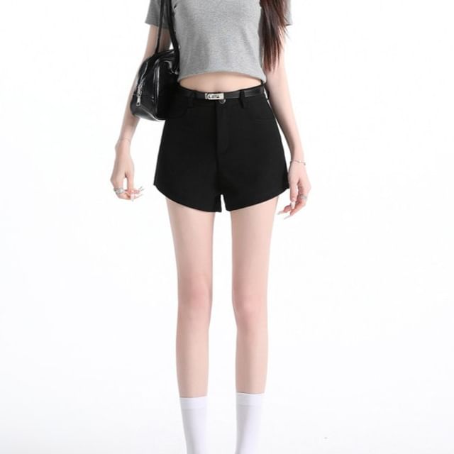 Magimomo-High Waist Plain Hot Pants