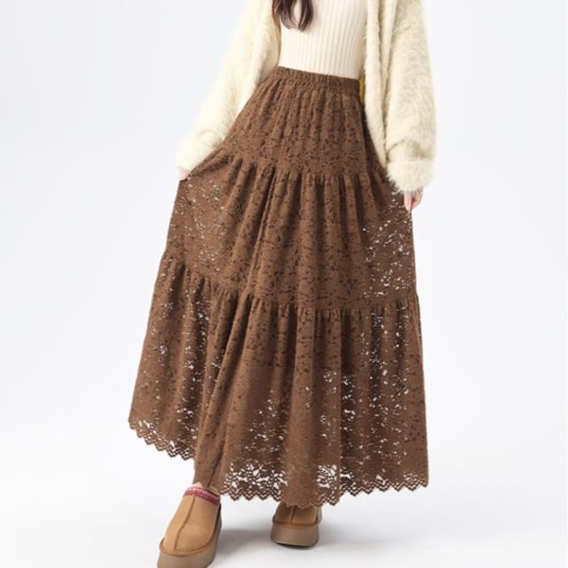 Magimomo-High Waist Plain Lace Maxi A-Line Skirt