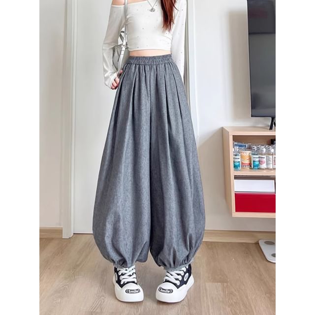 Magimomo-High Waist Plain Lace Trim Harem Pants