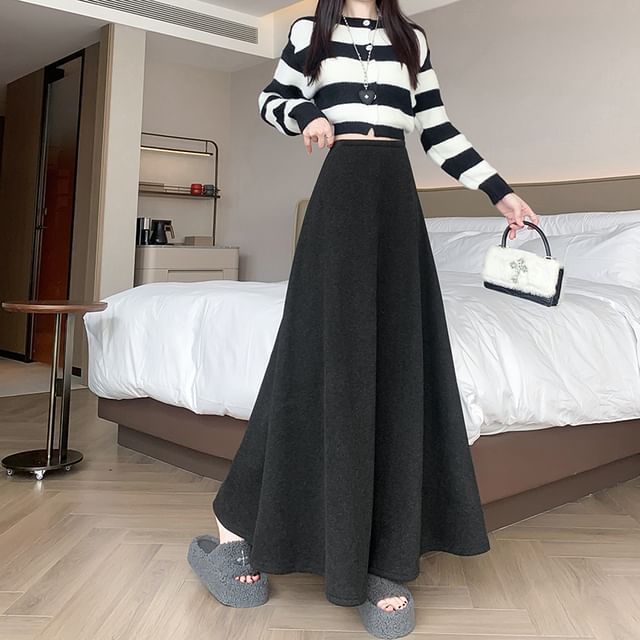 Magimomo-High Waist Plain Maxi A-Line Skirt