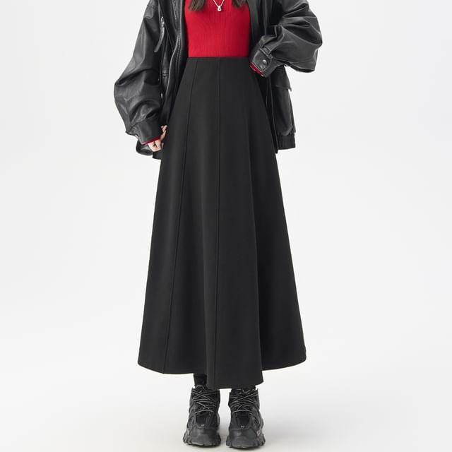 Magimomo-High Waist Plain Maxi A-Line Skirt