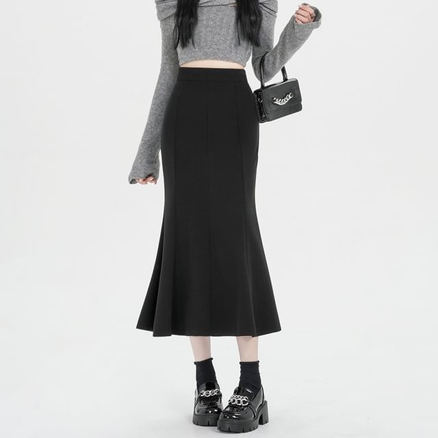Magimomo-High Waist Plain Midi Fishtail Skirt