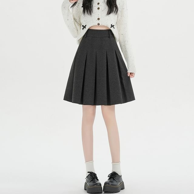 Magimomo-High Waist Plain Mini Pleated Skirt