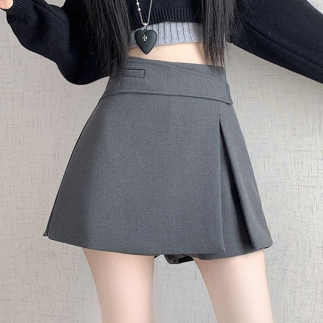 Magimomo-High Waist Plain Pleated Mini A-Line Skort