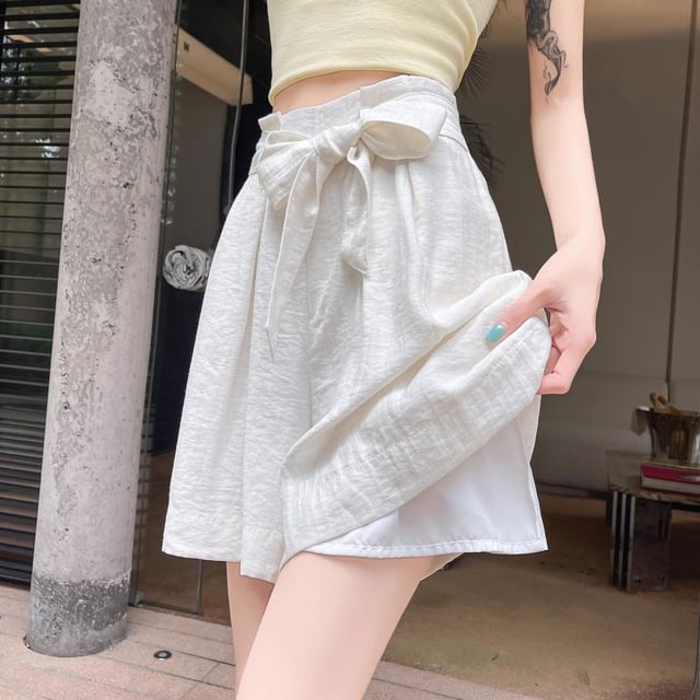 Magimomo-High Waist Plain Sashed Paperbag Skort