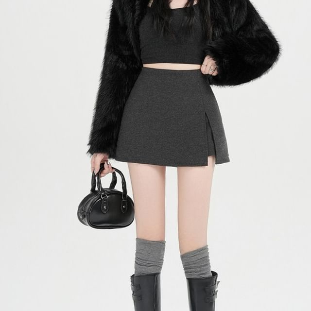 Magimomo-High Waist Plain Slit Mini A-Line Skort