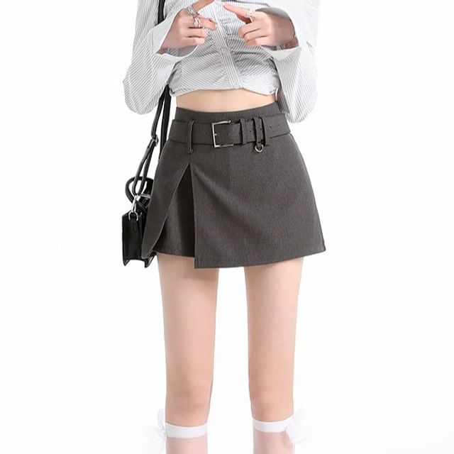 Magimomo-High Waist Plain Slit Mini A-Line Skort
