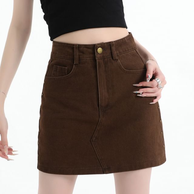 Magimomo-High Waist Plain Studded Mini Denim Skort