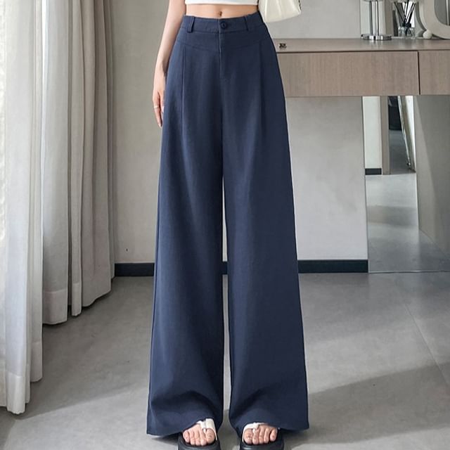 Magimomo-High Waist Plain Wide Leg Pants