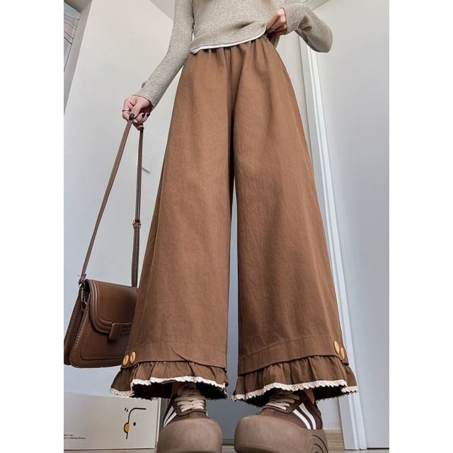 Magimomo-High Waist Ruffle Button Cropped Wide Leg Pants