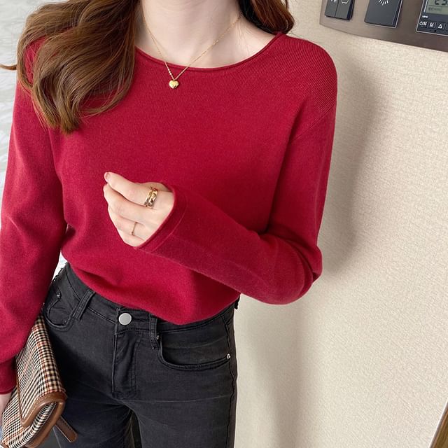 Magimomo-Long-Sleeve Crew Neck Plain Knit Top