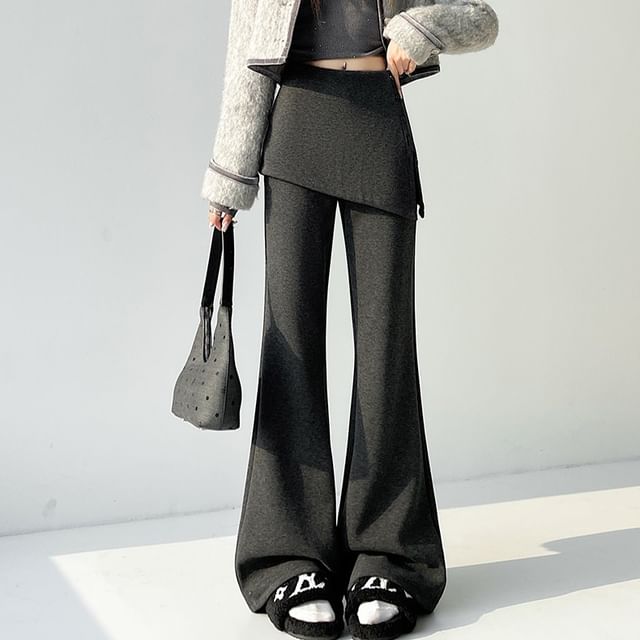 Magimomo-Mid Rise Plain Asymmetrical Buttoned Skirt Overlay Flared Pants Various Designs
