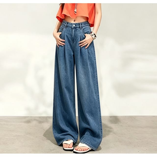 Magimomo-Mid Rise Pleated Baggy Jeans