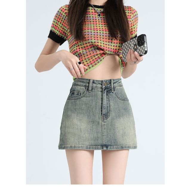 Magimomo-Mid Rise Washed Denim Skort