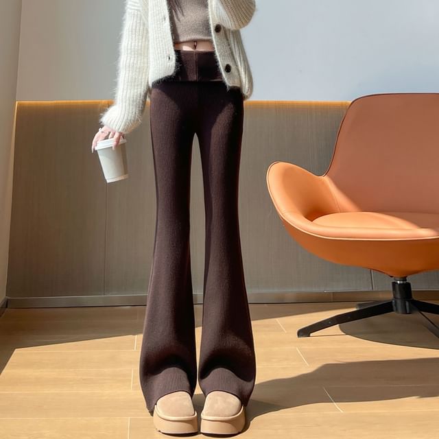 Magimomo-Mid Waist Plain Flared Knit Pants