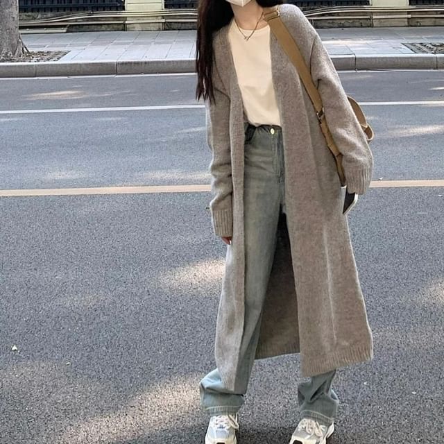 Magimomo-V-Neck Plain Long Cardigan