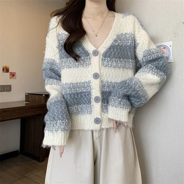 Magimomo-V-Neck Striped Button Up Cardigan