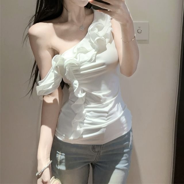 Magma-Cap-Sleeve Off Shoulder Ruffle Plain Top