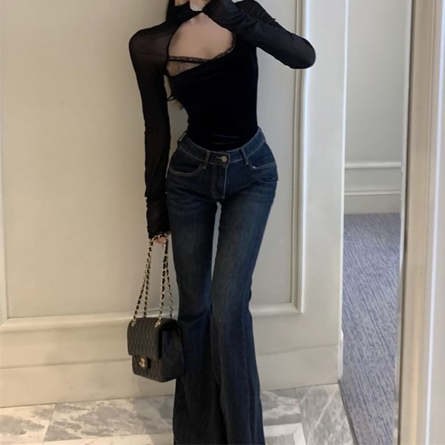 Magma-Long-Sleeve Cutout Plain Crop Top