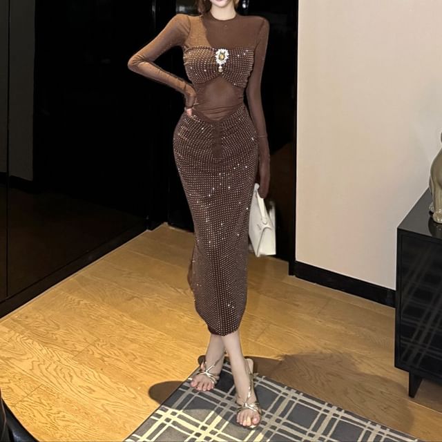 Magma-Long-Sleeve Glitter Maxi Sheath Dress
