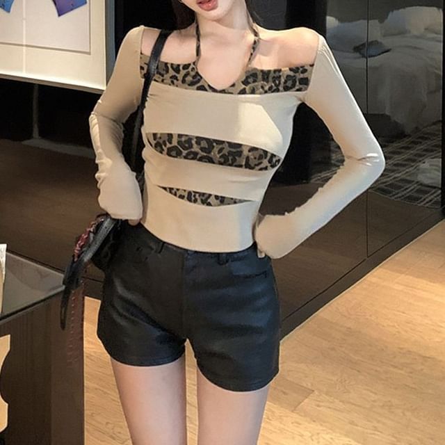 Magma-Long-Sleeve Halter Neck Leopard Print Panel Top