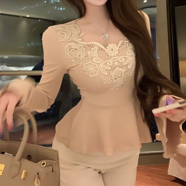 Magma-Long-Sleeve Lace Panel Flowy Top