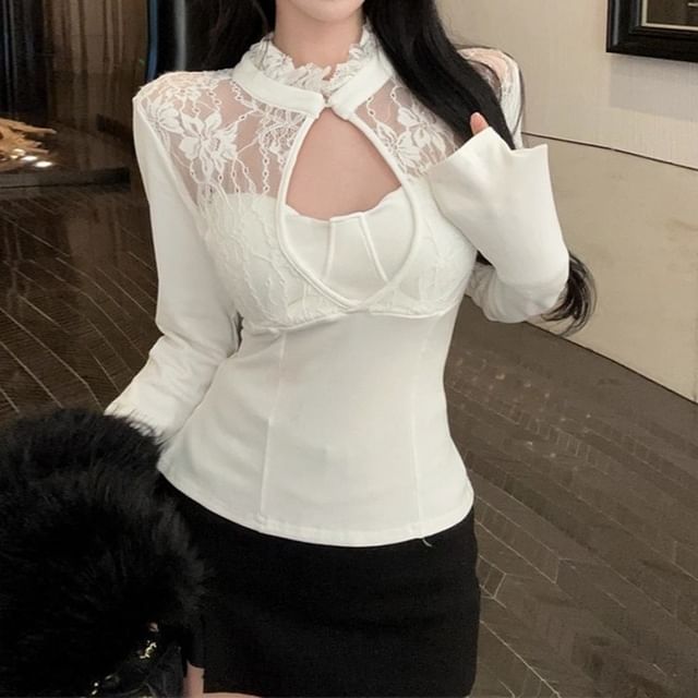 Magma-Long-Sleeve Lace Panel Keyhole Ruffled Top