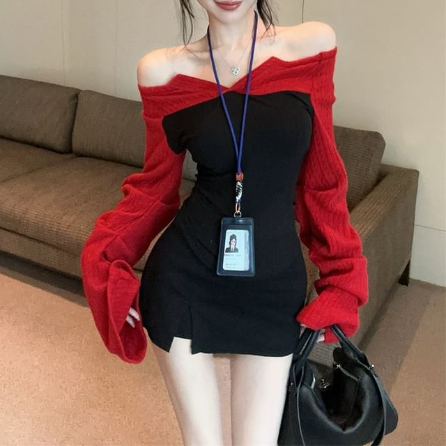 Magma-Long-Sleeve Off Shoulder Two Tone Top