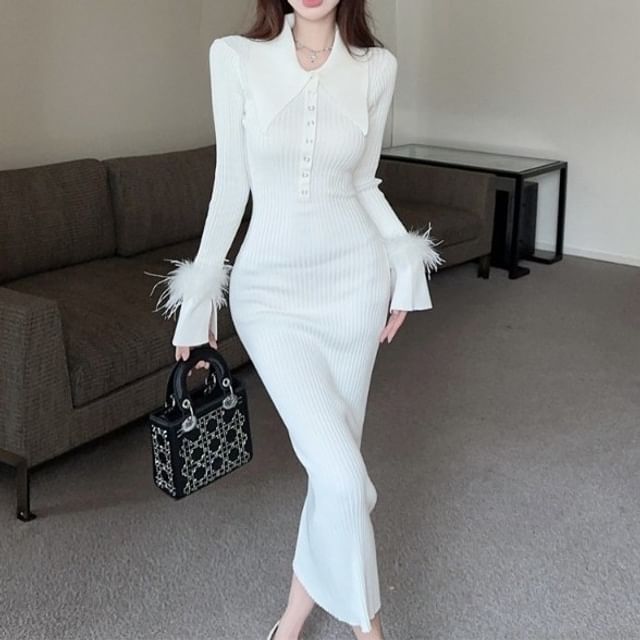 Magma-Long Sleeve Pointed Collar Plain Fluffy Trim Button Ribbed Knit Maxi Sheath Dress