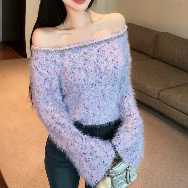 Magma-Long-Sleeve Square Neck Melange Knit Top