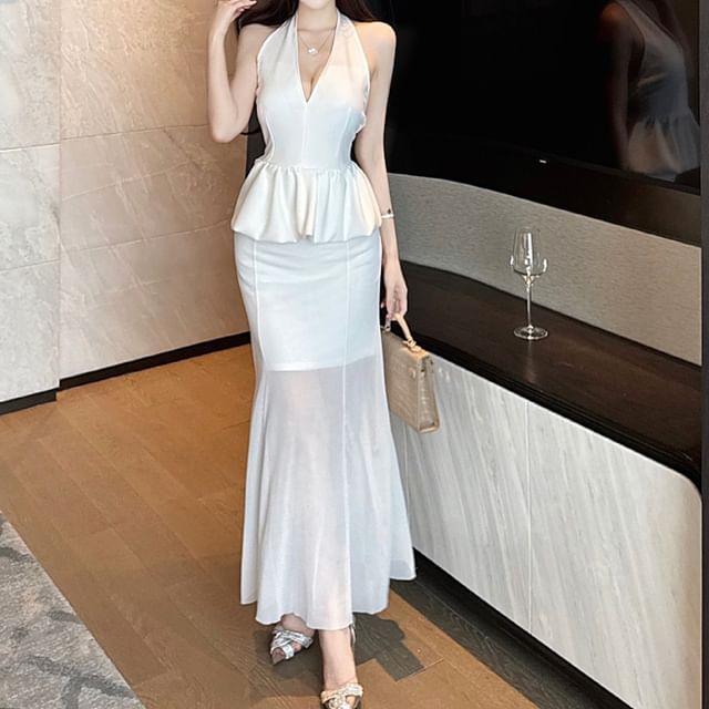 Magma-Mock Two-Piece Halter Plain Midi Sheath Dress