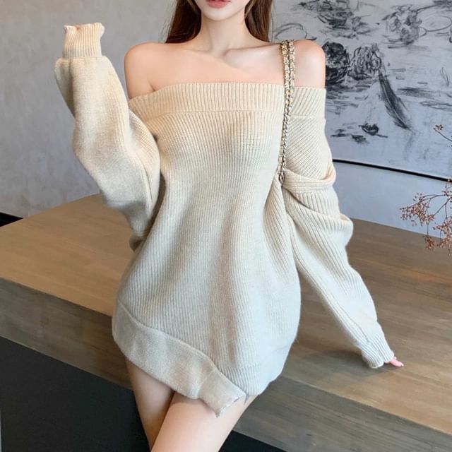 Magma-Off Shoulder Plain Sweater