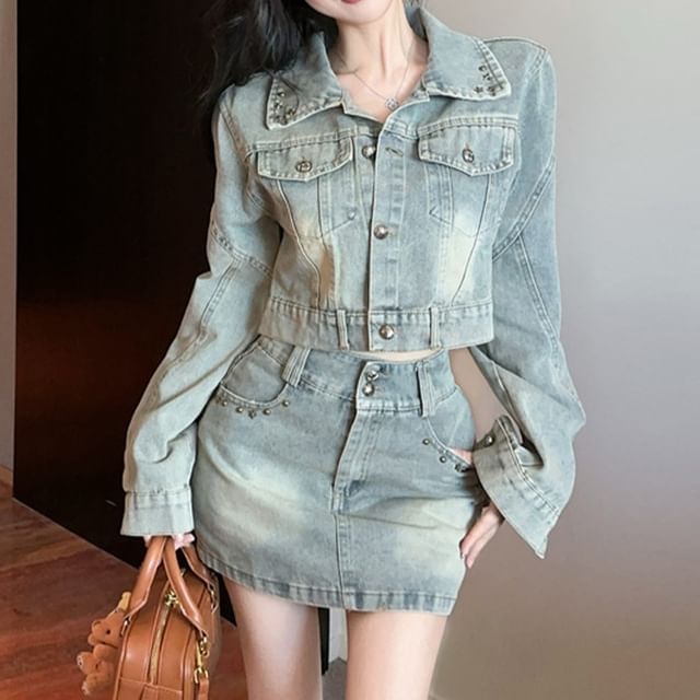 Magma-Set Collared Denim Jacket Mini Skirt