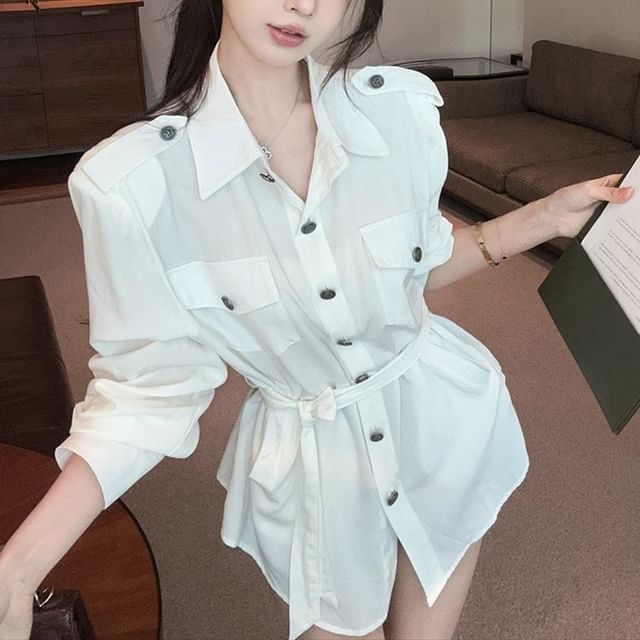 Magma-Set Long-Sleeve Collared Button-Up Plain Blouse Belt