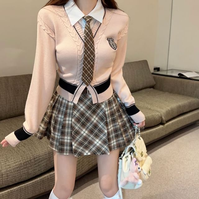 Magma-Set Mock Two-Piece Collared Cardigan Plaid Tie
