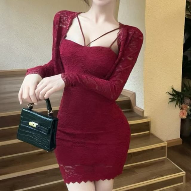 Magma-Set Open Front Lace Crop Light Jacket Spaghetti Strap Mini Bodycon Dress
