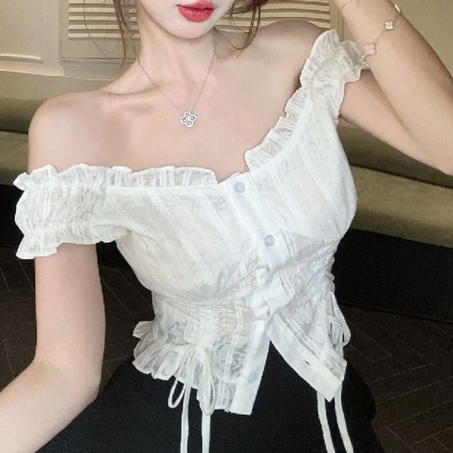 Magma-Short Sleeve Off Shoulder Plain Frill Drawstring Blouse