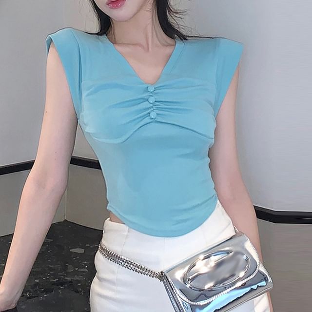 Magma-Sleeveless V-Neck Plain Ruched Crop Top