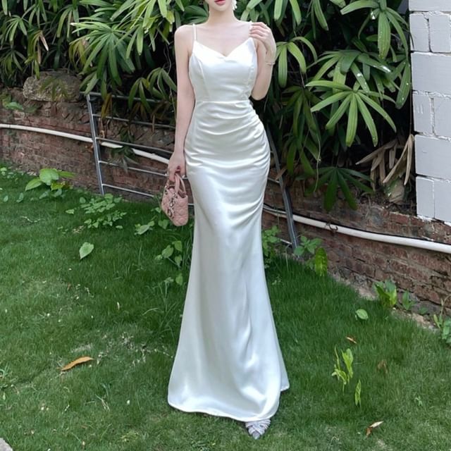 Magma-Spaghetti Strap Plain Maxi Mermaid Dress