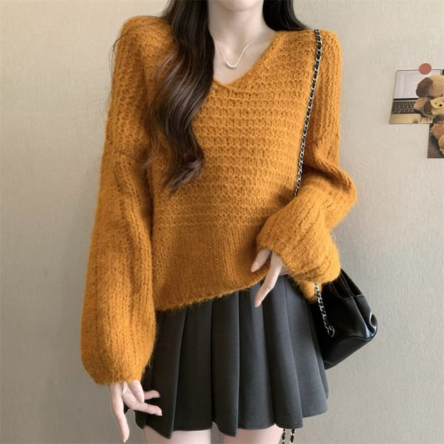 Magma-V-Neck Plain Cable Knit Sweater