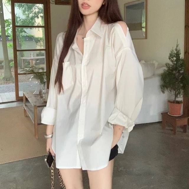 Maisee-Cold-Shoulder Long-Sleeve Plain Button-Up Shirt