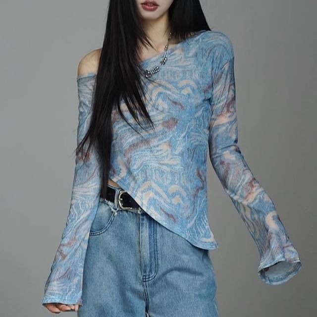 Maisee-Cold-Shoulder Long-Sleeve Tie-Dyed Crop Tee